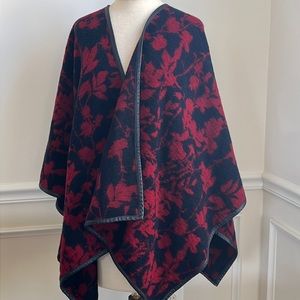 BCBGMaxazria wool shawl Poncho wrap sweater cardigan faux leather trim one size